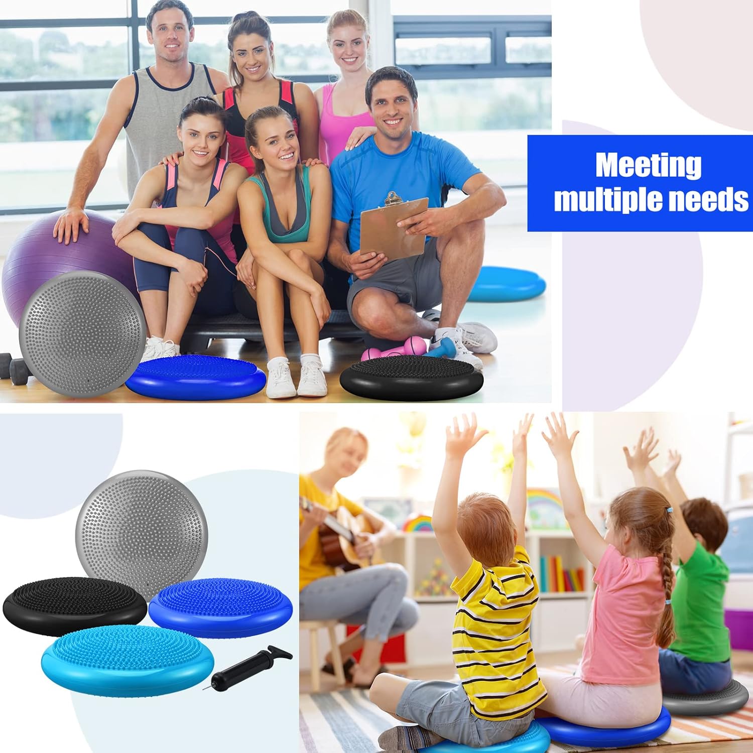 Sotiff 4 Pcs Inflated Wobble Cushion Flexible Wiggle Seat 14” L x 3.2” H Stability Balance Disc with Pump for Sensory Adult Physical Exercise Equipment