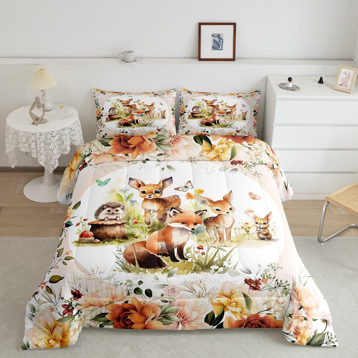 Feelyou Kids Cute Deer Fox Rabbit Comforter Set Queen Size Boys Girls Cartoon Animal Comforter Flower Floral Print Bedding Set Farm Zoo Wildlife Style