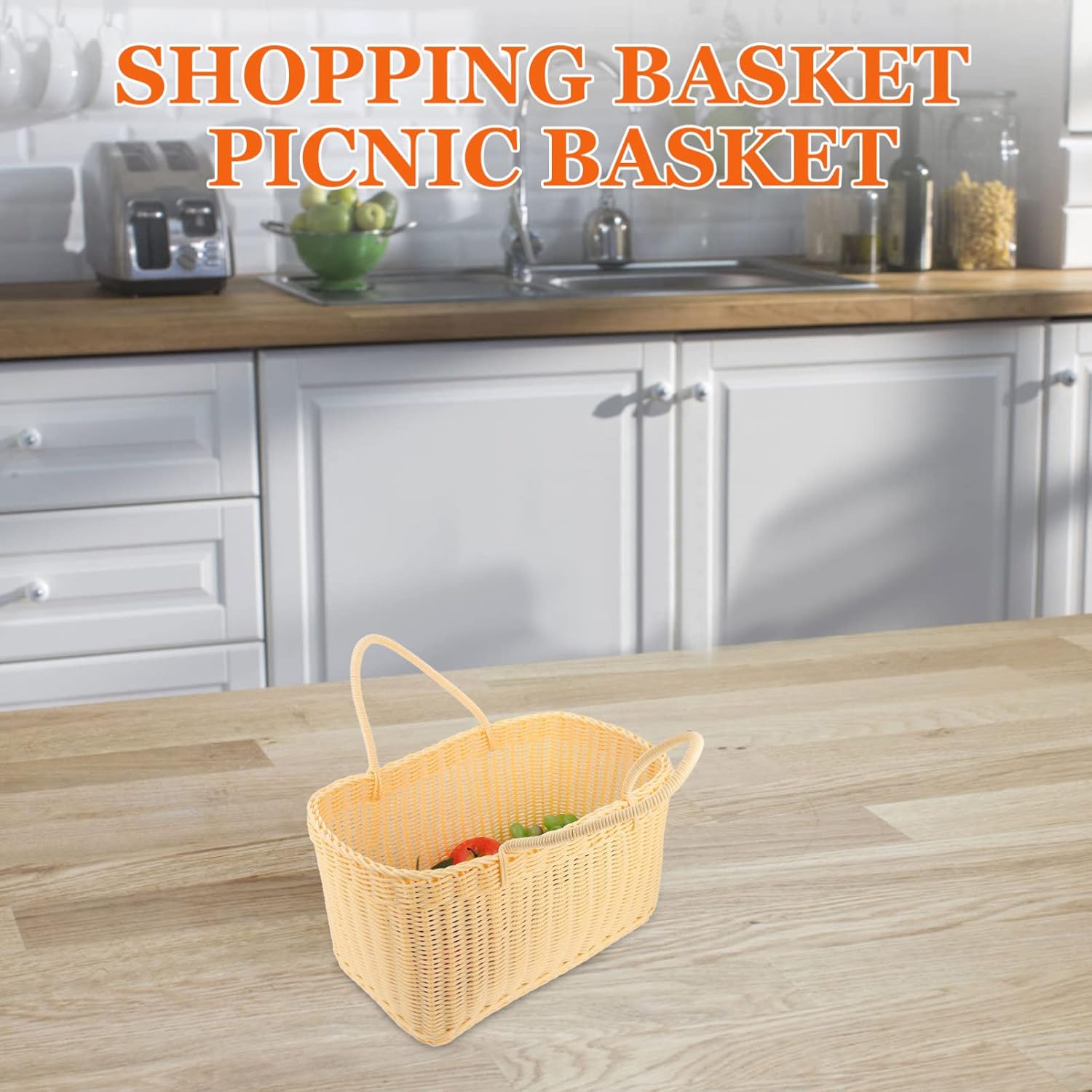 UPKOCH Woven Plastic Shopping Basket with Handle 14.17 Inch Lightweight Tote Basket for Grocery Picnic Fruit and Vegetable Carrying