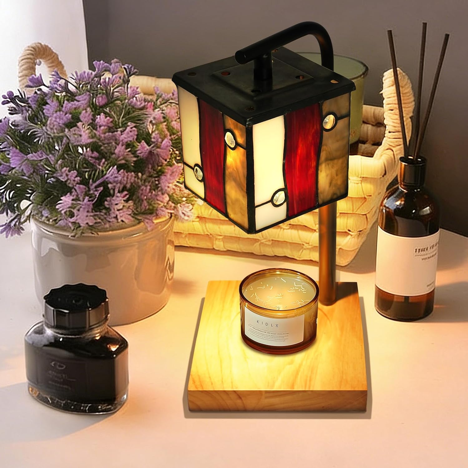 Dragonfly Tiffany Style Candle Warmer Lamp, Adjustable Height Candle Warmer Lamp with Timer and Dimmer, Dimmable Electric Candle Warmer for Scented Wax, Glass Shade, Metal Stem, Wooden Base