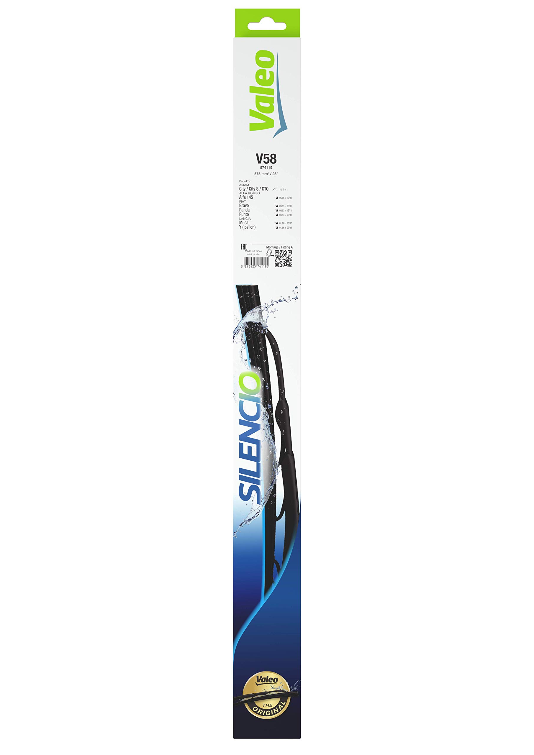 VALEO Silencio Wiper - V58 - All-Seasons Durable and Resistant Windshield Conventional Wiper Blade 575mm - 1 Wiper Blade - 574119