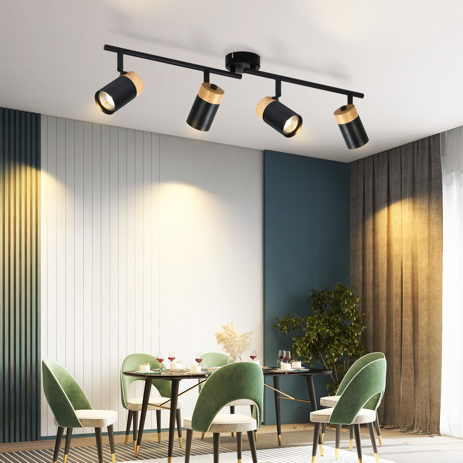 Glitzerlife Plafón de madera negro Plafón - 4 brazos GU10 LED orientable 330° Foco para salón cocina habitación infantil Sin bombillas