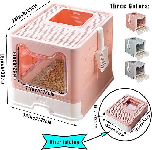 Miniatura 10 de Hamiledyi Caja de arena plegable grande para gatos con entrada superior con cajón, inodoro para gatos antisalpicaduras con tapa, incluye pala y Gris