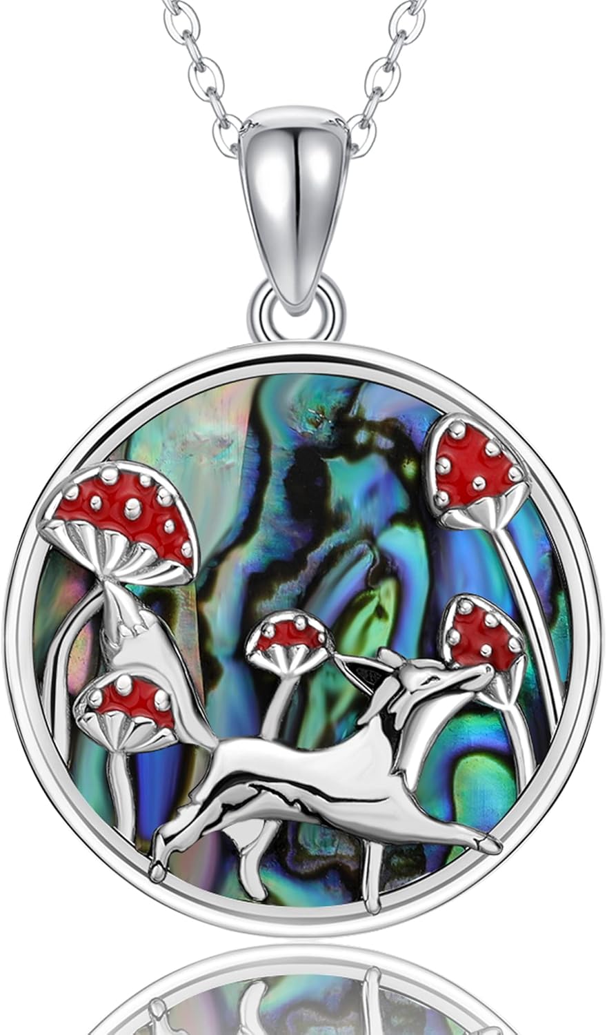URONE Fox Mushroom Necklace for Women Girls Sterling Silver Abalone Shell Lucky Fox