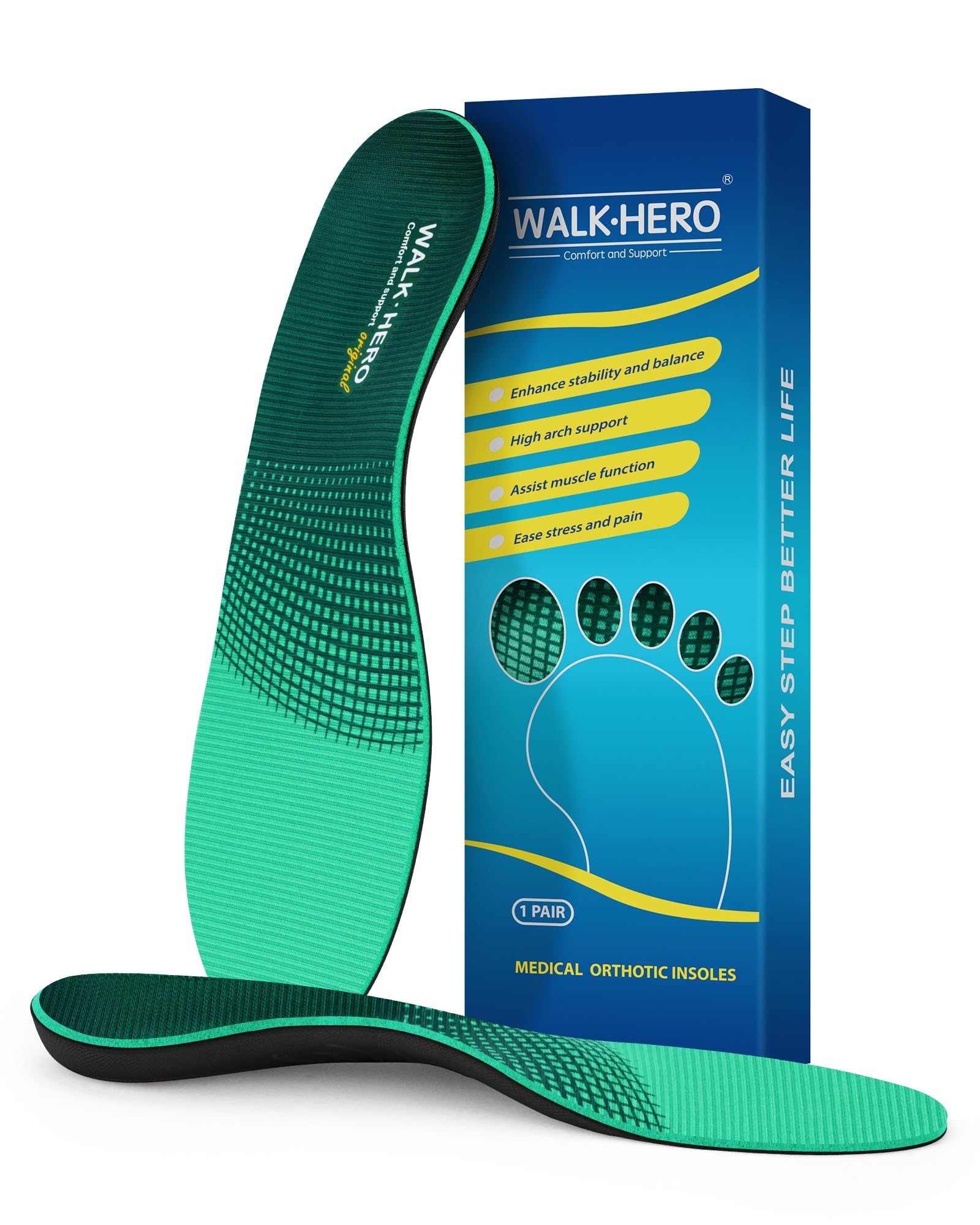 Walkhero Plantar Fasciitis Inserts - Arch Support Orthotic Insoles for Flat Foot and Foot Pain, Everyday Comfort and Support (Mens 7-7 1/2 | Womens 9-9 1/2 Green) Mens 7 - 7 1/2 | Womens 9 - 9 1/2 Green