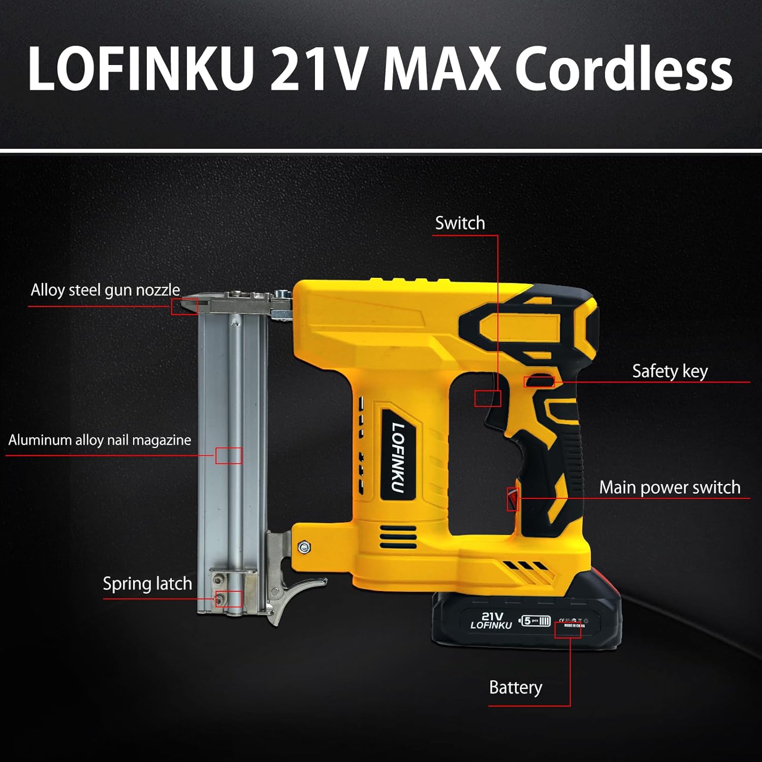 Cordless Nail Gun Battery Powered Brad Nailer, 2-in-1 Nail/Staple Gun, 2×2.0Ah Batteries,Electric Nail Gun,Brad Nailer Cordless, for Upholstery, Woodworking and Carpentry,Yellow