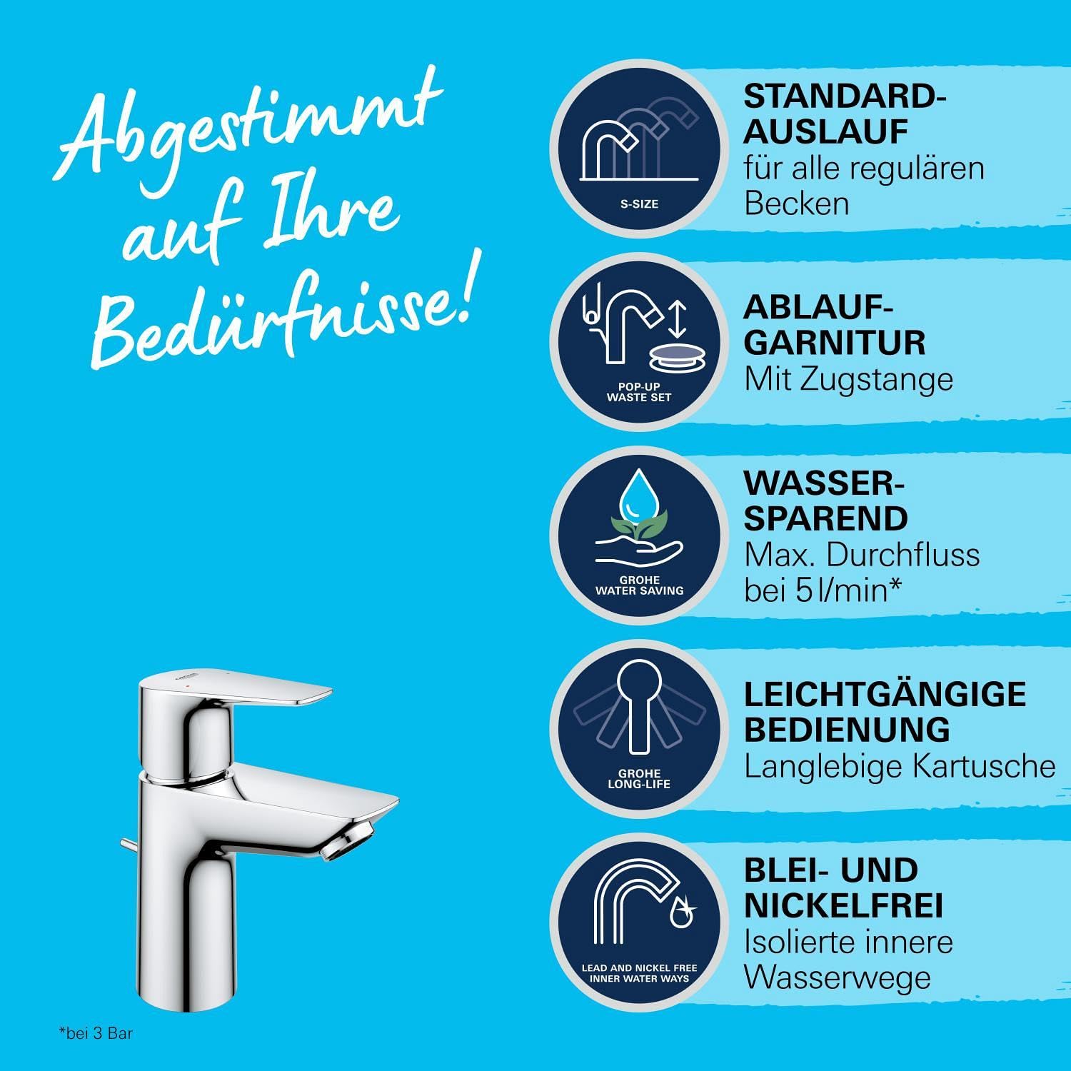 GROHE StartEdge- Einhand- Waschtischarmatur (wassersparend, S- Size, schnelle Montage, flexibler Anschluss), chrom, 24196001