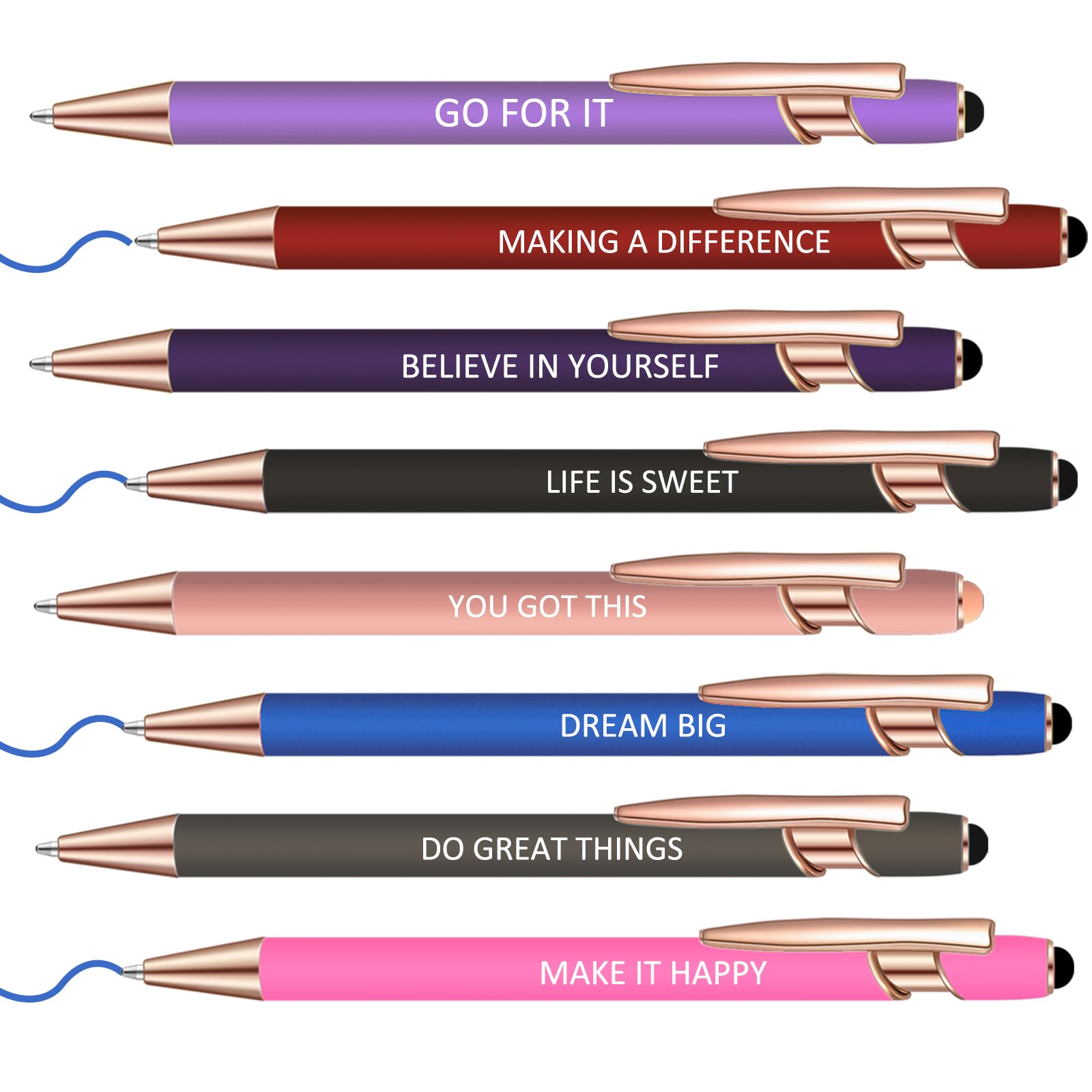 Lragvtbk 8 Pcs Blue Ink Inspirational Pens for Women Quotes Pen Metal Ballpoint Pen with Stylus tips for Office Gift (Multicolor Rosegold)