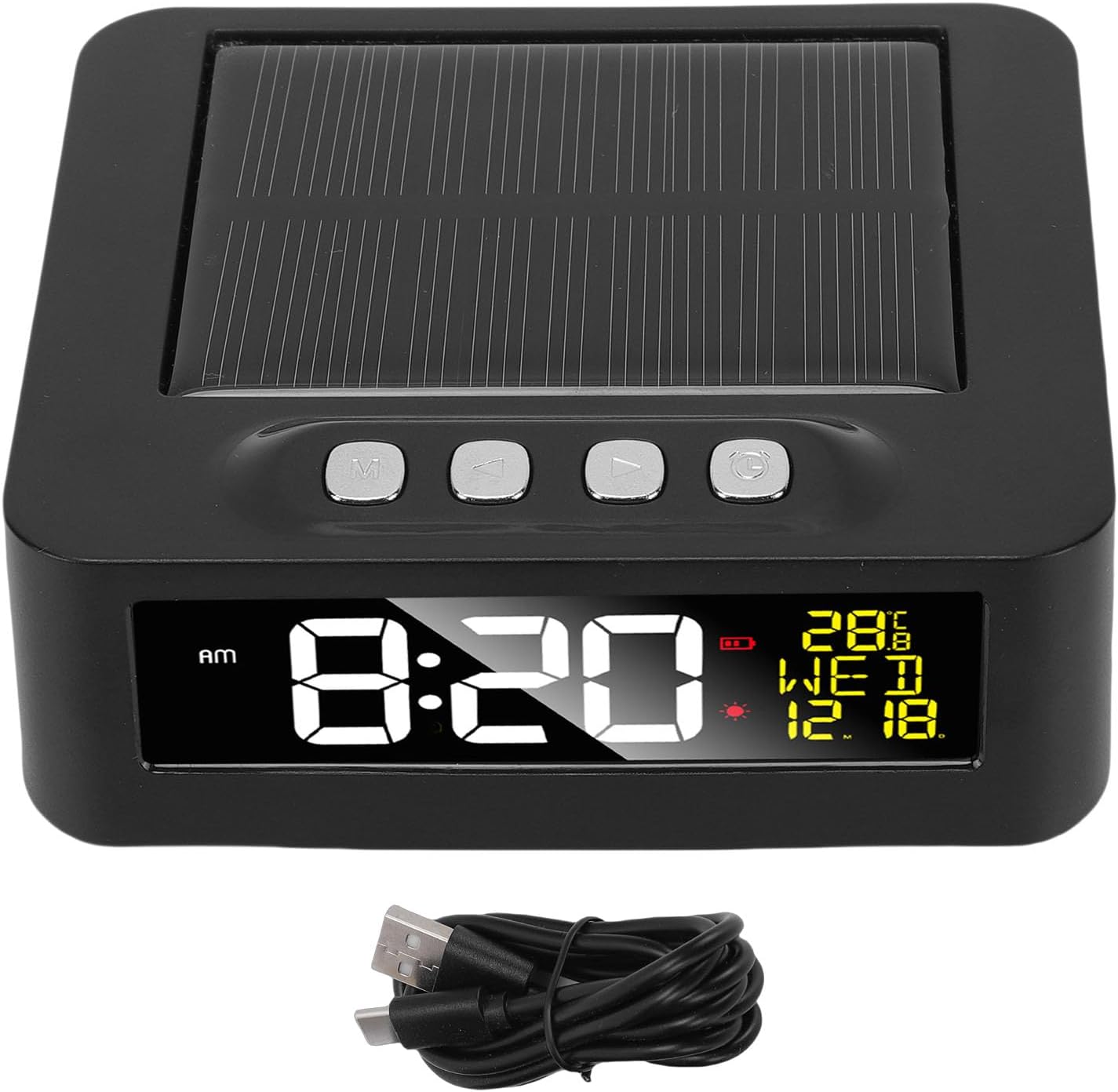 LICAEVEY Digital Car Dashboard Clock with Solar Power, Temperature Display & Dual Alarms, Fatigue Driving Alert Function for Vehicle Truck, 12/24H Format (Black)