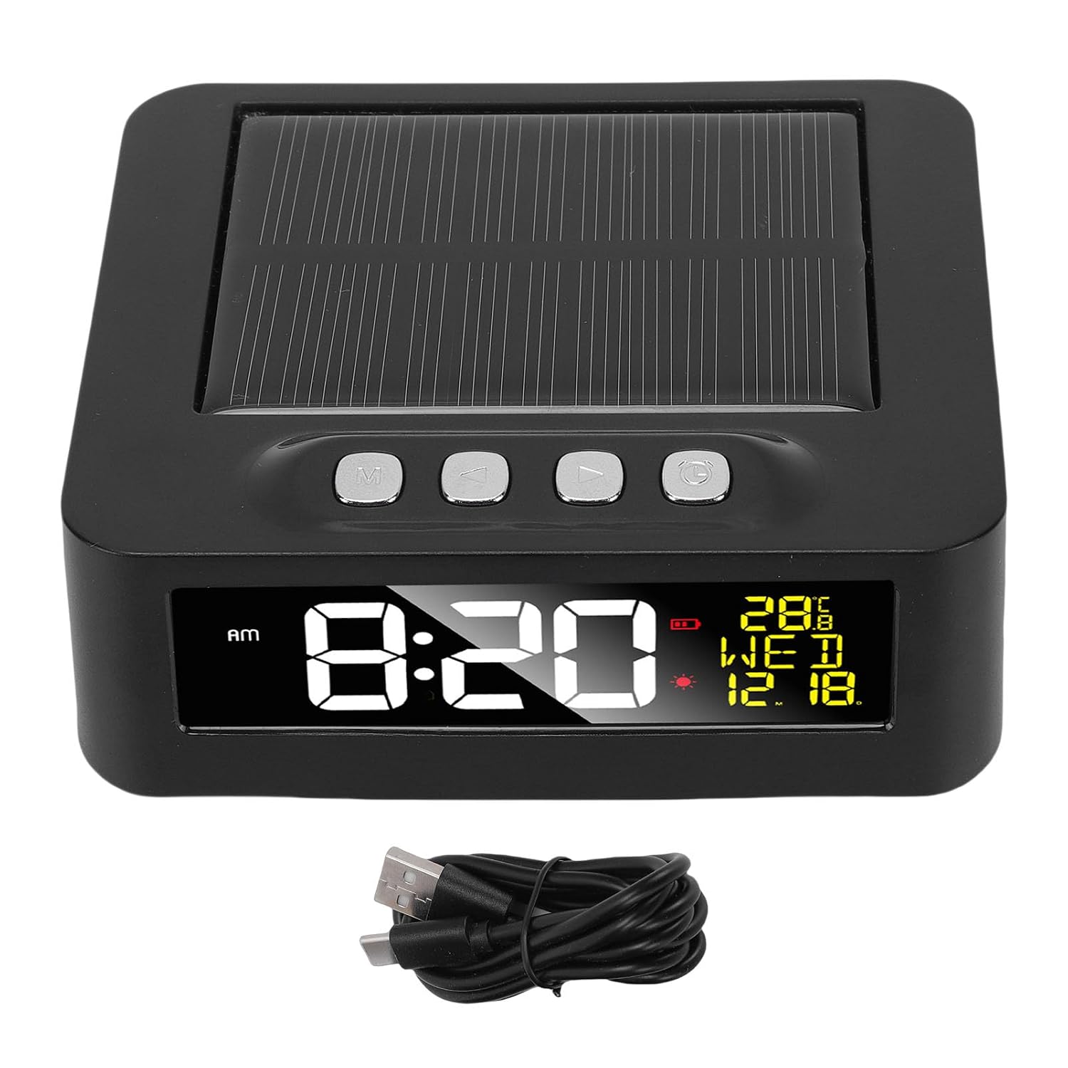 VINGVO Digital Car Dashboard Clock with Solar Power, Temperature Display Clock, Dual Alarms with Fatigue Driving Alert Function, Ideal for Vehicle Truck, 12/24H Format (Black)