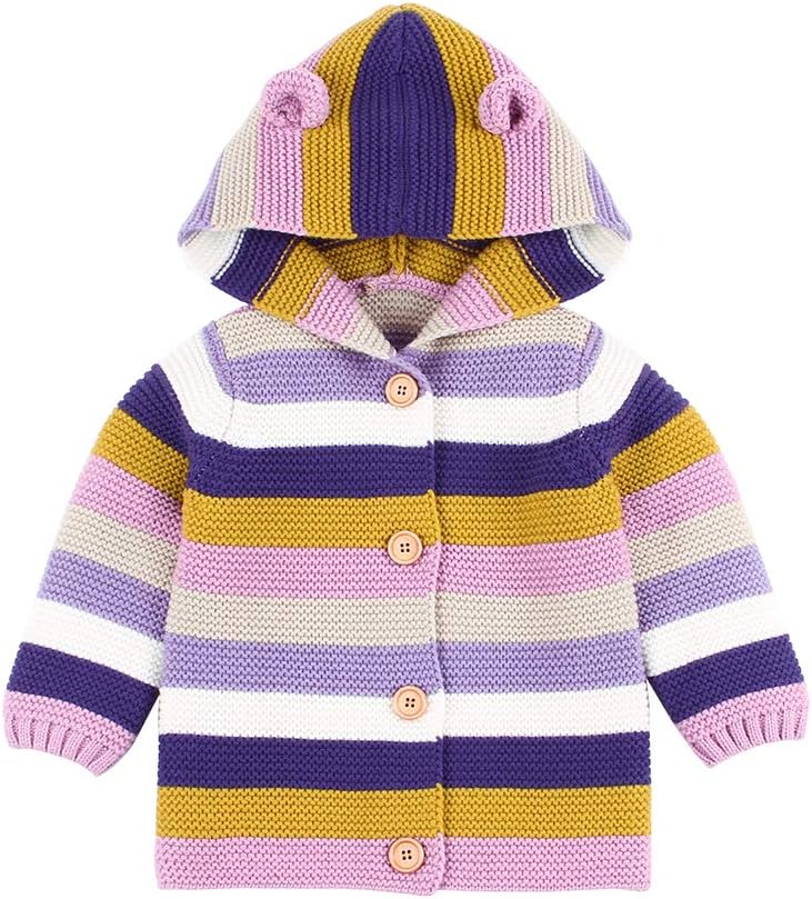 VICROADBaby Cardigan Hooded Coats Boys Girls Stripe Knitted Jacket Warm Sweater, Rose Red, 12-18 Months/90 cm, Rose Red, 12-18 Months