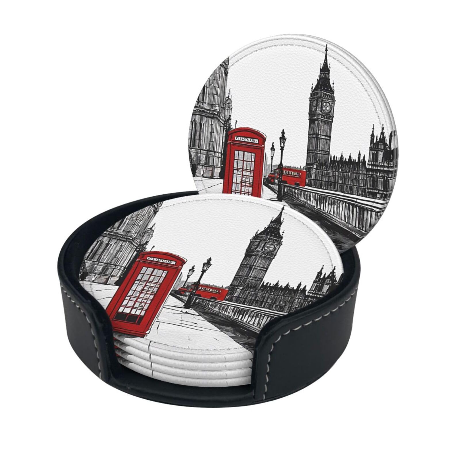 (Red Phone Booth London Street) Round Drink Coasters Set of 6 with Storage Box Decorative Cup Coasters for Coffee Bar Home Office Decor