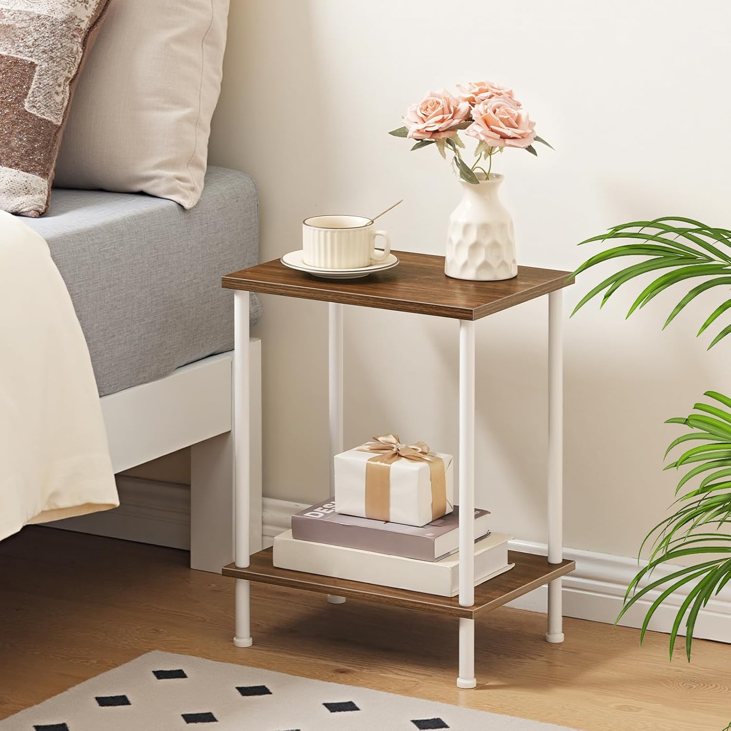 HOOBRO End Tables, Small Side Table, Nightstand with 2-Layer Storage Shelves, Sofa Table for Small Spaces, Living Room, Bedroom, Stable Frame, Easy Assembly, Walnut and White WH09BZ01