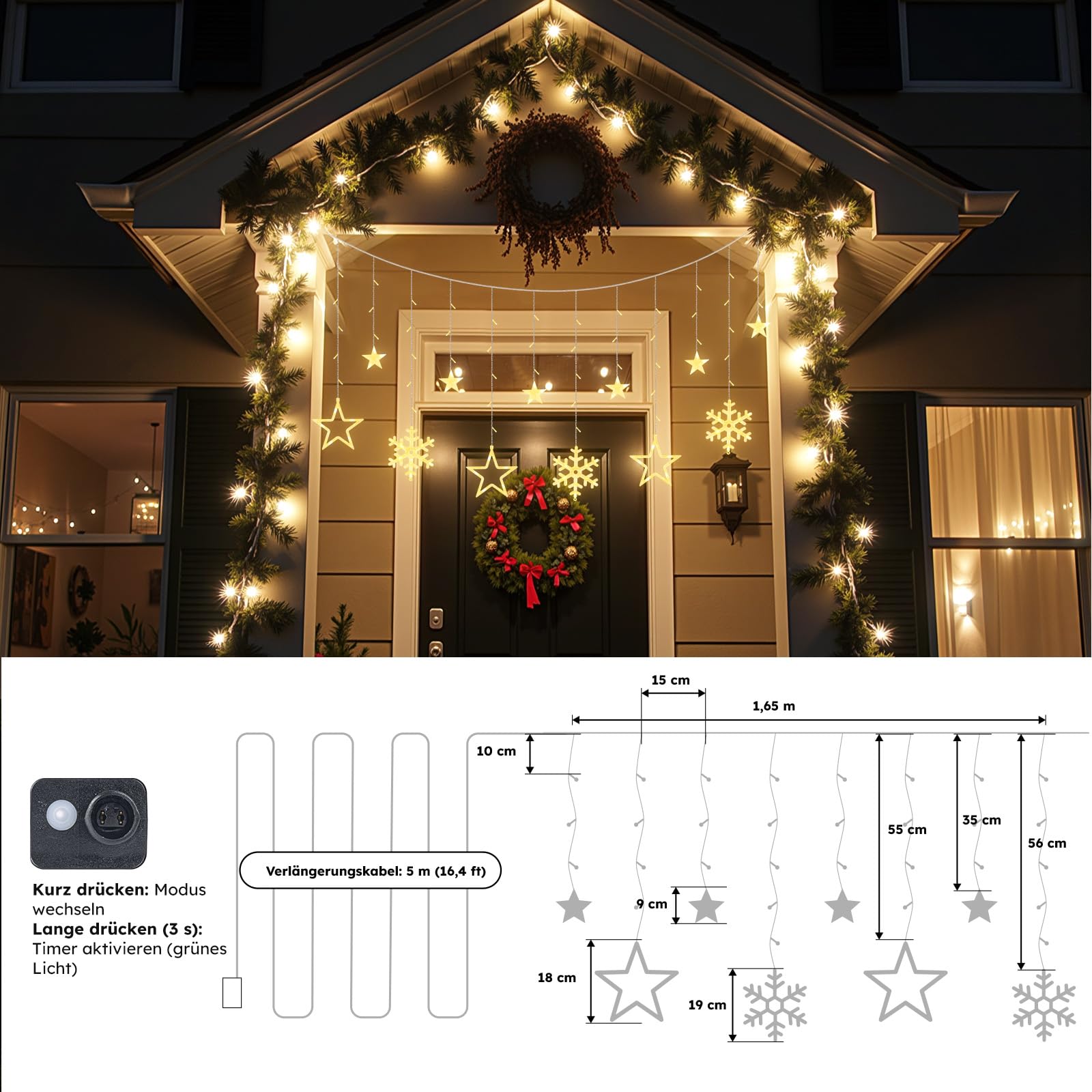 LEDYA LED Lichtervorhang Sterne & Schneeflocken, 1,65 m 138 LEDs Vorhang Lichterkette mit 8 Modi & Timer, Lichter mit Stecker für Weihnachten, Fenster, Schlafzimmer, Hochzeit, Party, Zuhause, Warmweiß
