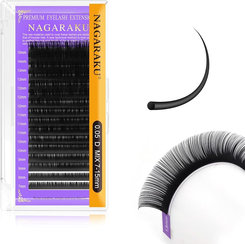 NAGARAKU Pestañas Individuales Clásicas 1:1 Suaves Y Naturales Volumen Ruso Pelo a Pelo Base Sin Pegamento Para Extension De Pestañas Profesional 16 Filas Alta Capacidad Negro Mate (0.05mm D 7-15mm)