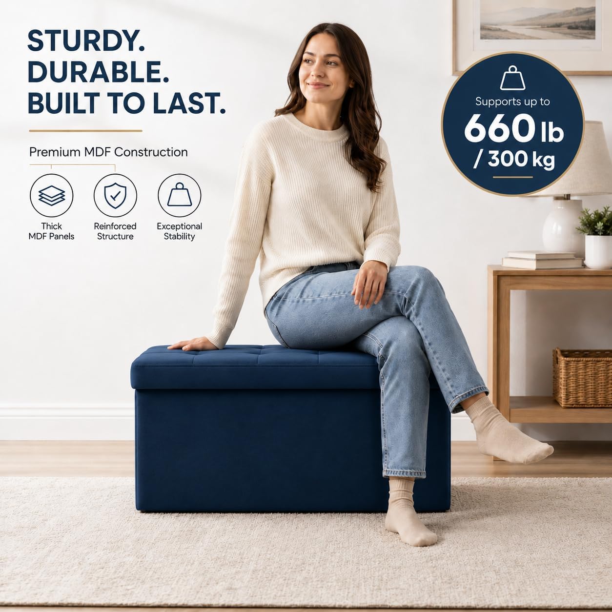ALASDO 30 Inch Folding Storage Ottoman Bench with Hidden Storage, Velvet Storage Ottoman Foot Rest Stool, End of Bed Bench for Bedroom, Living Room, Entryway and Closet, Navy Blue image 4