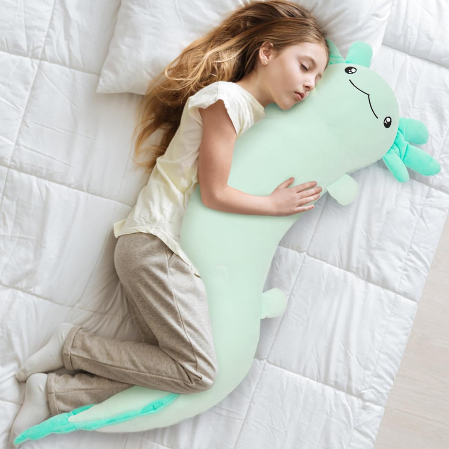 Tezituor Green Axolotl Plush Pillow Axolotl Stuffy 48'', 4ft Glow-in-Dark Stuffed Animal Plush Salamander Body Pillow for Axolotl-Lover 6-12 Girls Gifts Valentine's Day Christmas