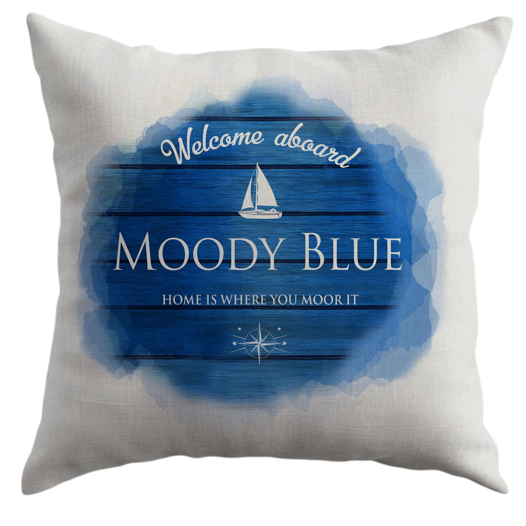 Artylicious Personalised Boat Cushion - Welcome aboard | Gift for narrow boat, sailing boat, Blue Wood nautical gift Linen 16" cushion *COVER ONLY*