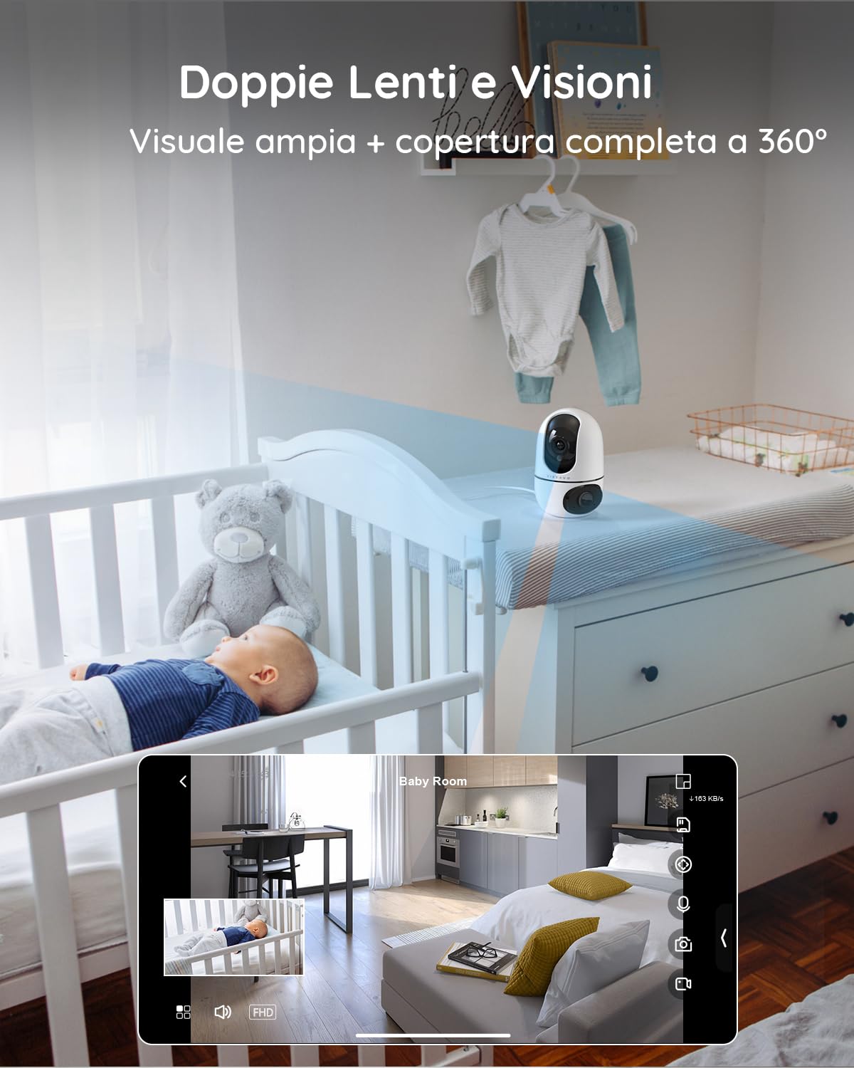 VIRTAVO Telecamera WiFi Interno Doppio Obiettivo, 2 Viste in 1 Schermo, 360° Pan/Tilt/Zoom, Visione Notturna a Colori, Smart Tracking, Audio Bidirezionale, Senza Abbonamenti Nascosti, XD1