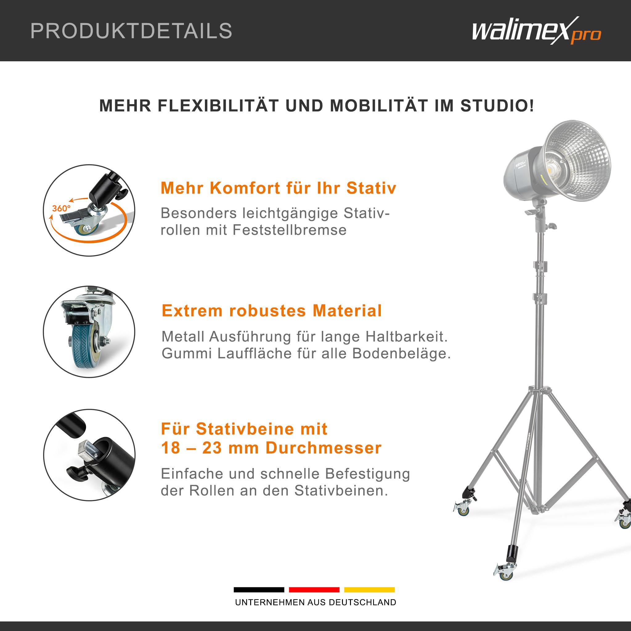 Walimex pro Stativrollen Pro 3er-Set - Stativrollen Lenkrollen Set - Vollmetall, Ø 50 mm - Gummi Lauffläche und Bremse - für Stativbeine Ø 18-23mm - für Licht Lampen und Videostativ, Schwarz