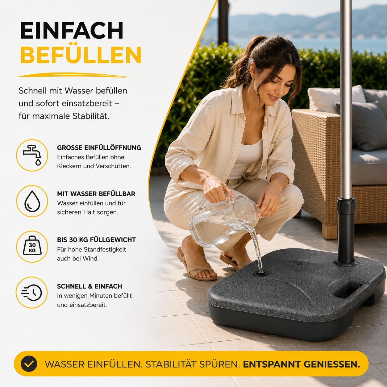 Sonnenschirmständer für Ampelschirme – befüllbare Schirmgewichte für Bodenkreuze aus Kunststoff - Schirmständer für Sonnenschirm - Ampelschirmständer (Einteilig bis 30 kg, Kunststoff)