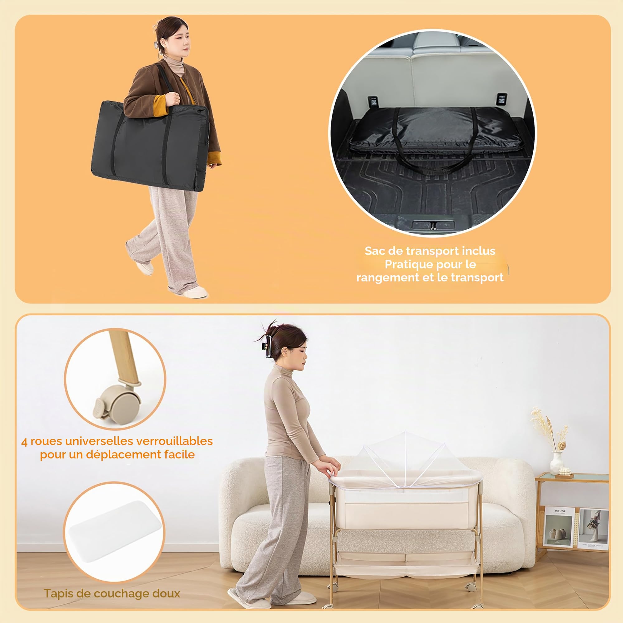 Lit Parapluie Bebe, Lit Cododo avec Matelas, Moustiquaire, Sac De Rangement, Roues Bloquables & Sangles-it pour Bebe pour 0-6 Mois,Jusqu'à 9kg-Bois Foncé