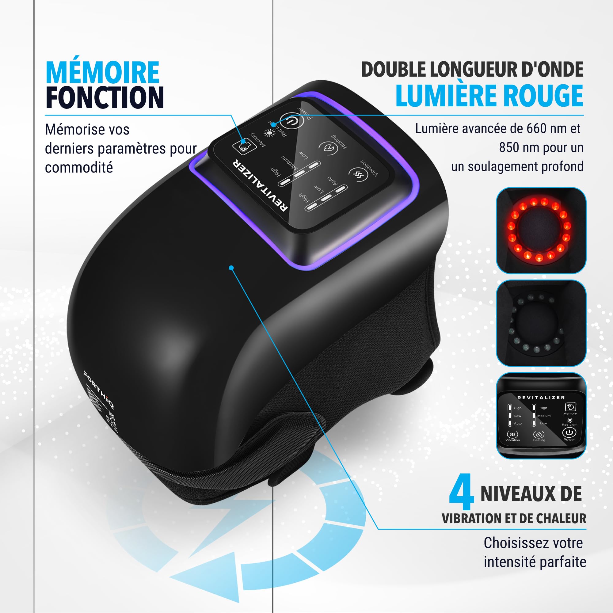 FORTHiQ Pro+ Massage Genoux avec Chaleur et Lumière Rouge, 6-en-1: Chaleur, Lumière Rouge à Double Longueur d'Onde et Vibration – Sans Fil, Portable, Rechargeable, Fonction Mémoire, Bandes Ajustables