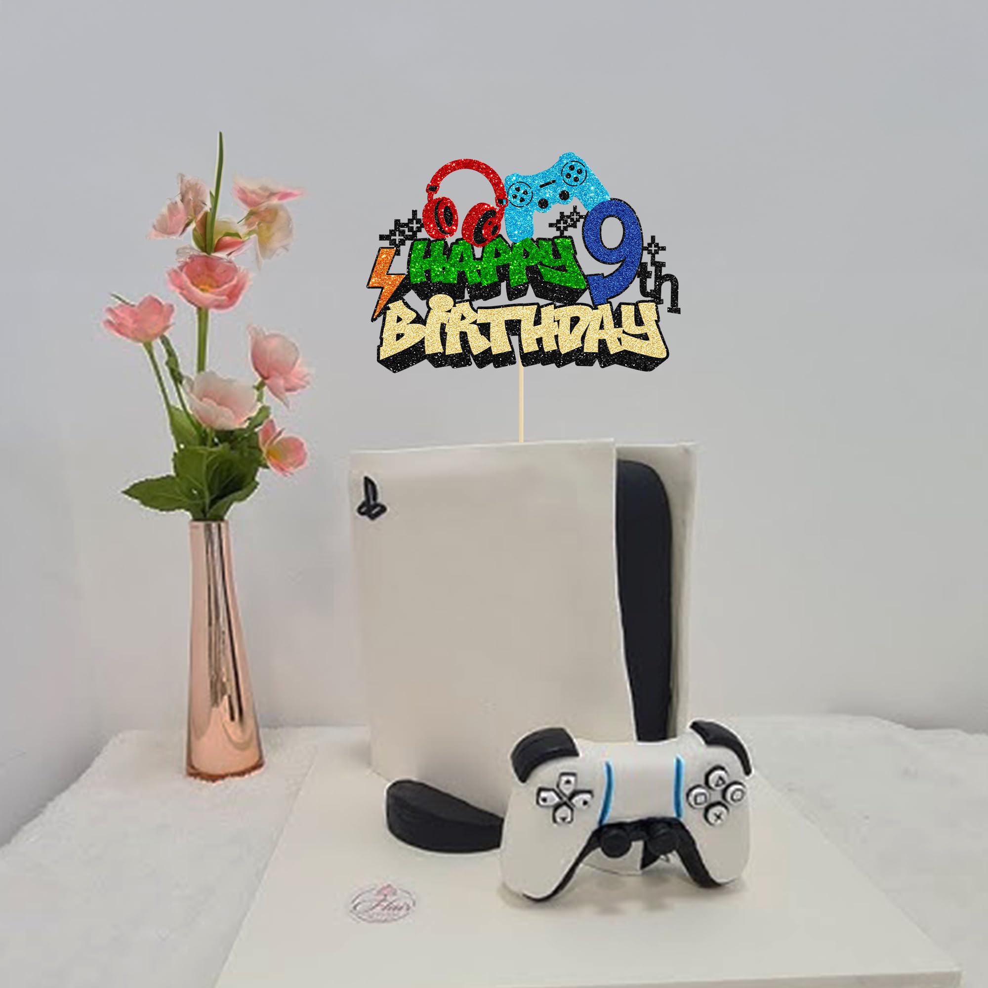 Gyufise 1Pcs Video Game Happy 9th Birthday Cake Topper Glitter Video Game Cake Pick Game On Controllers Tenth Cheers to 9 Years Cake Decoration for Boys 9th Birthday Party Supplies - Image 7 thumbnail