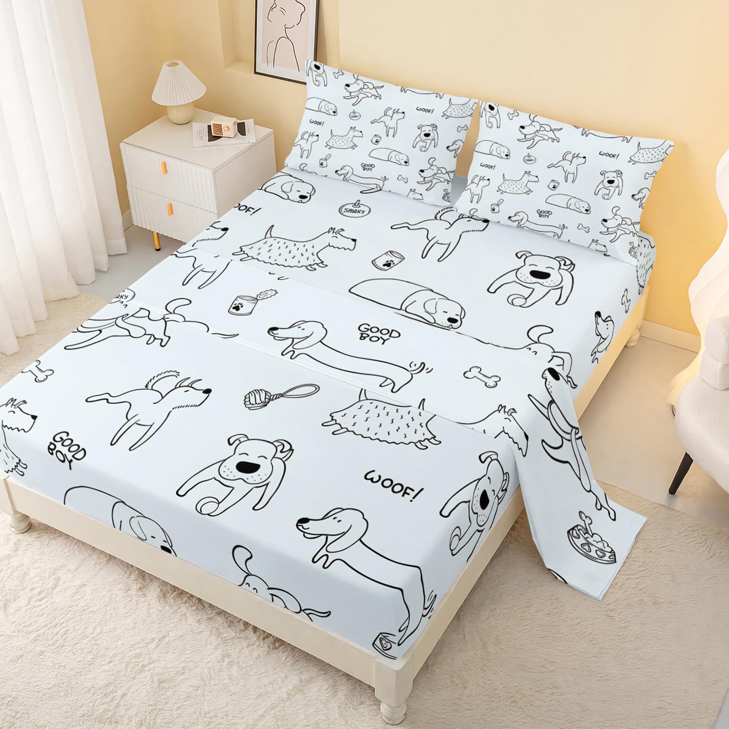 CVHouse Kawaii Dog Bed Set - Queen Size, Cute Puppy Dog Fitted Sheet Sets, 1 Flat Sheet & 1 Fitted Sheet with 2 Pillow Cases - 4 Pieces
