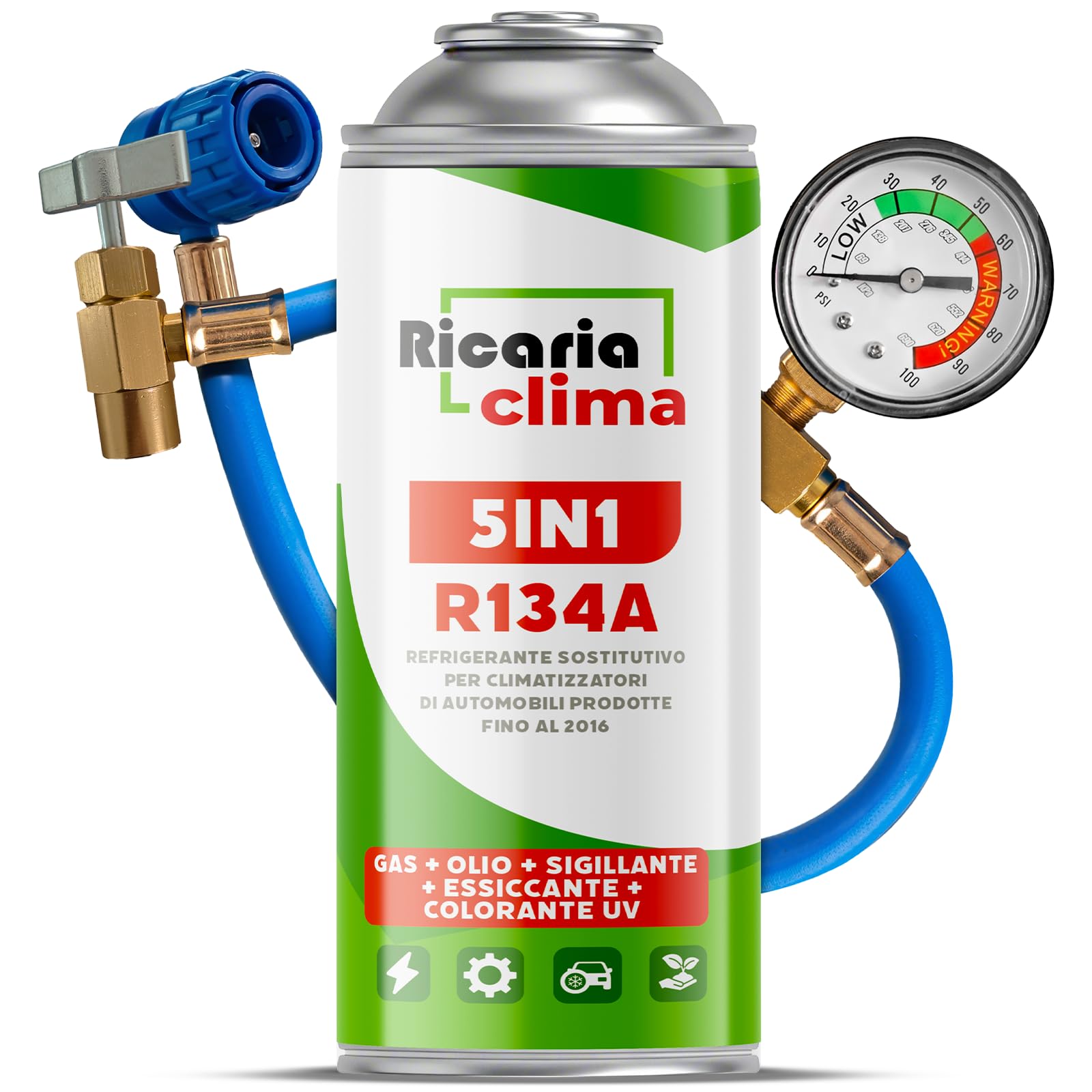 5-in-1 – Refrigerante R134a + Tubo 235 g per climatizzatore auto con olio, sigillante, tracciante UV e disidratante – Protegge il compressore