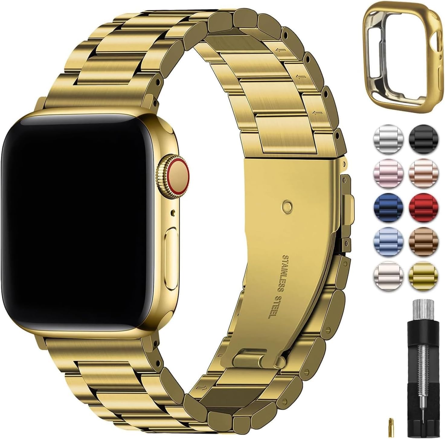 Fullmosa Cinturino per Apple Watch 44mm 45mm 42mm in Acciaio Inossidabile | Compatibile con Apple Watch SE3 SE2 SE Serie 9 8 7 6 5 4 3 2 1, Regolabile Cinturini di Ricambio per Uomo e Donna, Oro