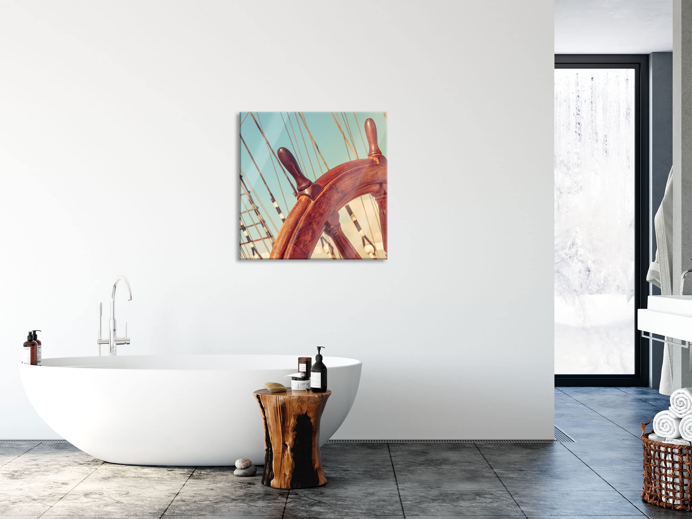 Pixxprint Glasbild, Wandbild auf Echtglas, Steuerrad auf dem Schiff, 80x80 cm, inkl. Aufhängung und Abstandshalter