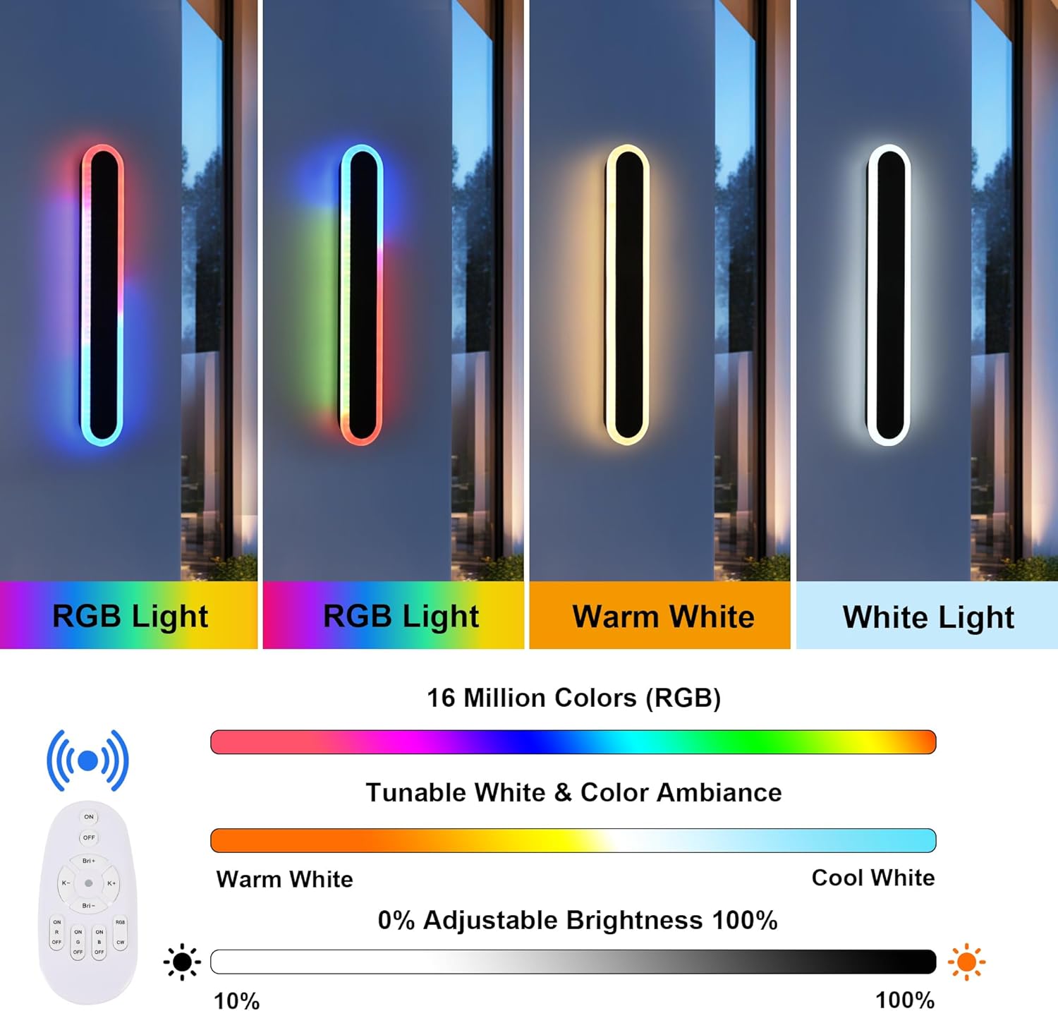 TODOLUZ 2-Pack 32-Inch RGB Outdoor Wall Light Fixture, IP65 Waterproof 21W Dimmable LED Linear Exterior Wall-Mounted Lamp with Remote Control for Gaming Room Garage Porch