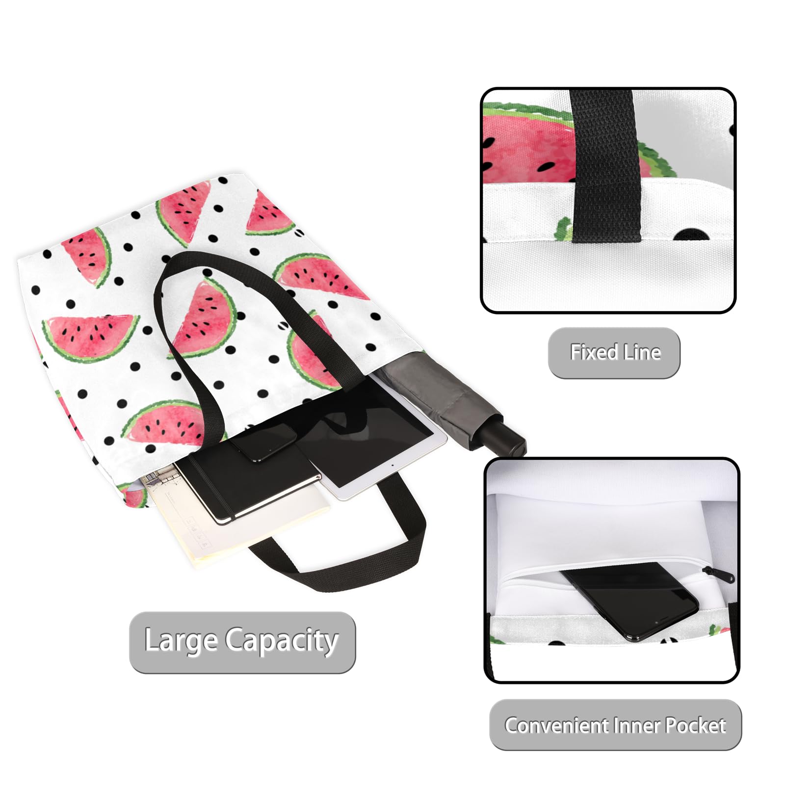 Mularoka Polka Dot Watercolor Watermelon Large Capacity Canvas Tote Bag Stylish Handheld Shoulder Bag Reusable Shopping Bag for Work Travel Beach Trips Shopping