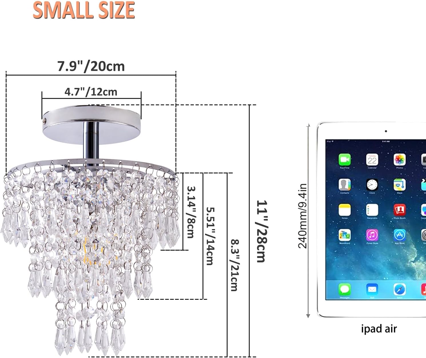 Small Crystal Chandelier, Flush Mount Ceiling Light with 3 Tiers Raindrops Crystal, E26 Base, Mini Chandelier, Ideal for Bedroom, Living Room, Hallway, Bar, Kitchen, Bathroom. D7.9"x H11" (Chrome)