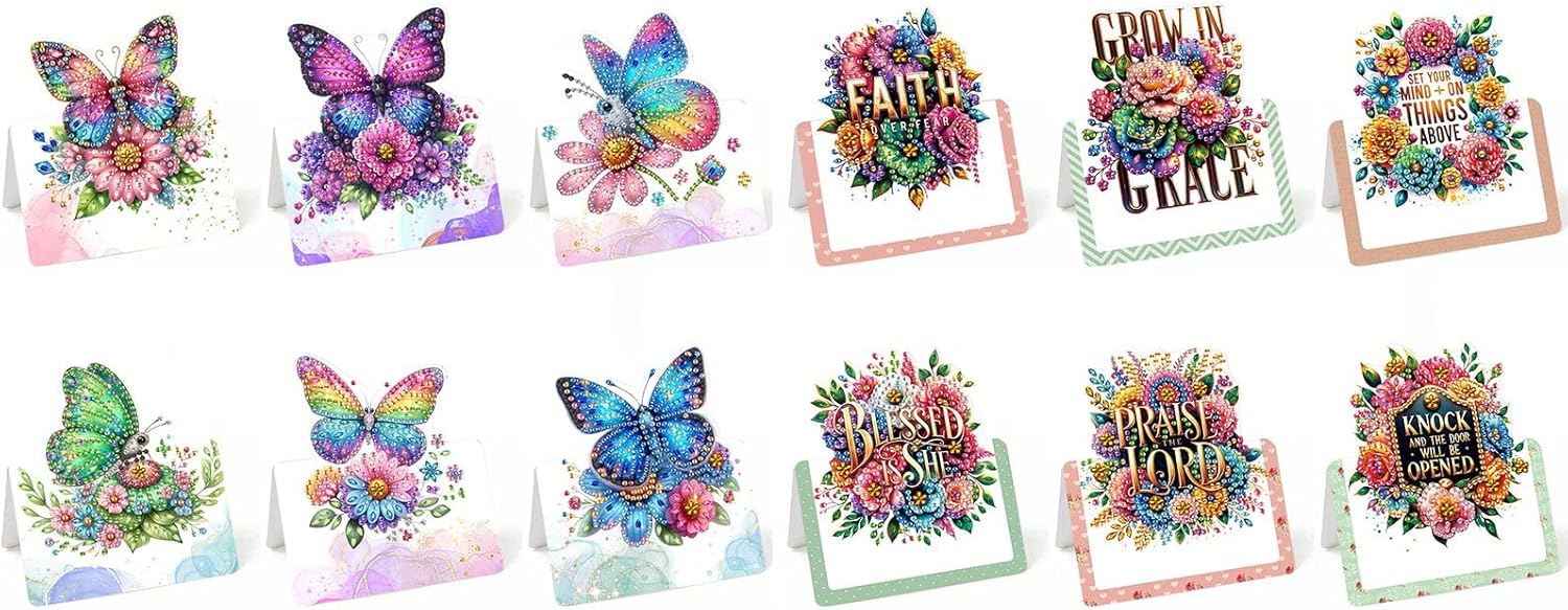 BAYUNOE 12Pcs Greeting Card DIY Diamond Art Painting Greeting Cards Blessing 3D Folding Card Kit with White Envelopes Diamond Arts Crafts for Christmas Festival Gift