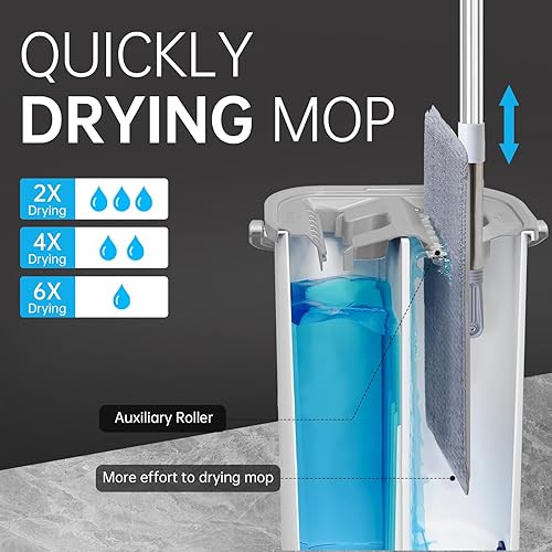 Miniatura 3 de Kit de fregona de piso de pared limpiador de mango largo con cubo escurridor, microfibra lavable para cocina, baño y madera dura, herramientas de