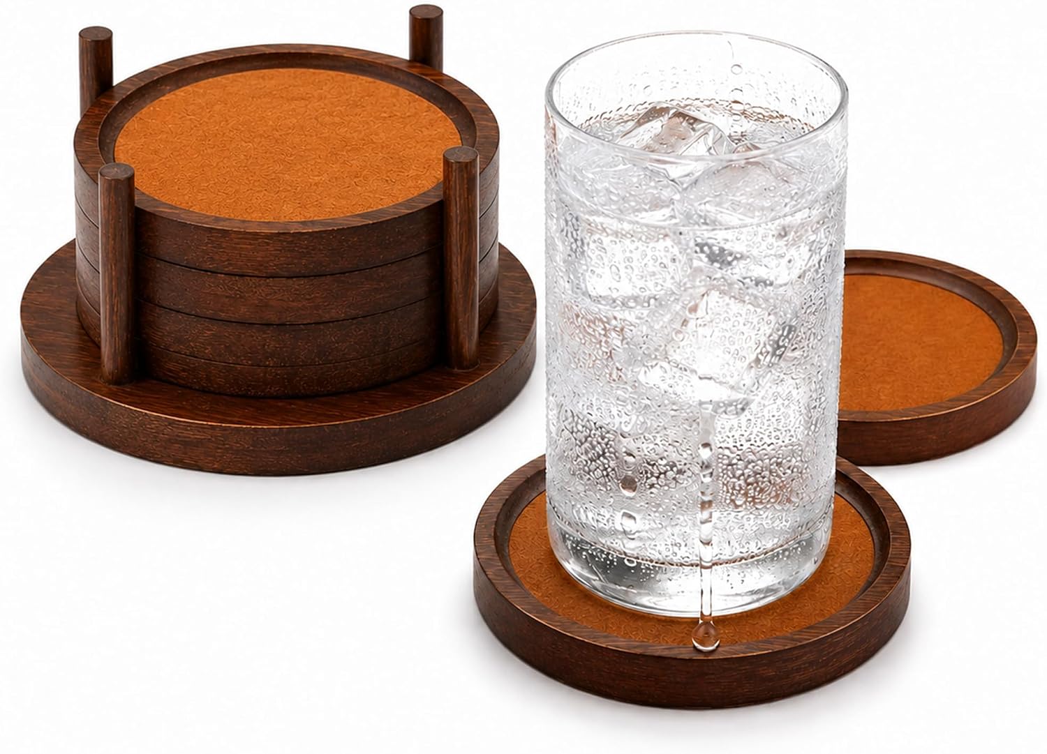 MinBoo Bamboo Coasters for Coffee Table Set of 4 Coasters for Drinks Absorbent with Holder Coffee Table Decor for Tabletop Protection Gifts for House Warming New Home & Wedding (Brown 4Pcs)