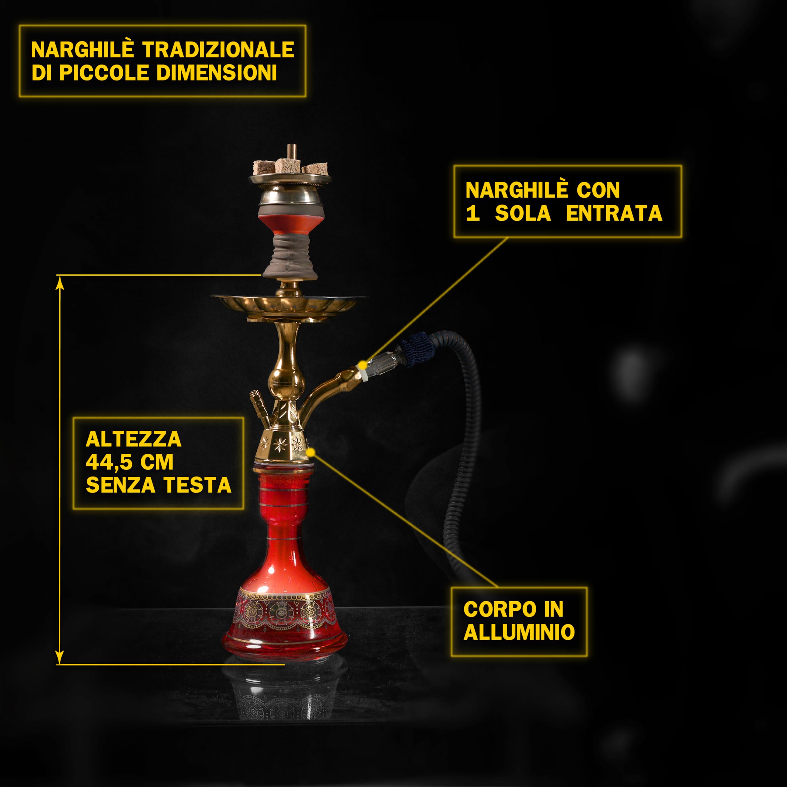 Dark Shisha Cachimba Tradicional Roja 44,5 cm | Aluminio con Base de Vidrio | Set Completo con Manguera, Cazoleta con Chimenea, Pinzas + 50 Boquillas Higiénicas de Colores