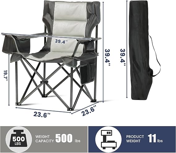 Oversized Folding Camping Chairs 2 Pack, 500lbs Heavy Duty Foldable Chairs for Outside, Outdoor Lawn Chairs for Adults, Portable Chairs for The Beach, Hiking, Fishing (Gray)