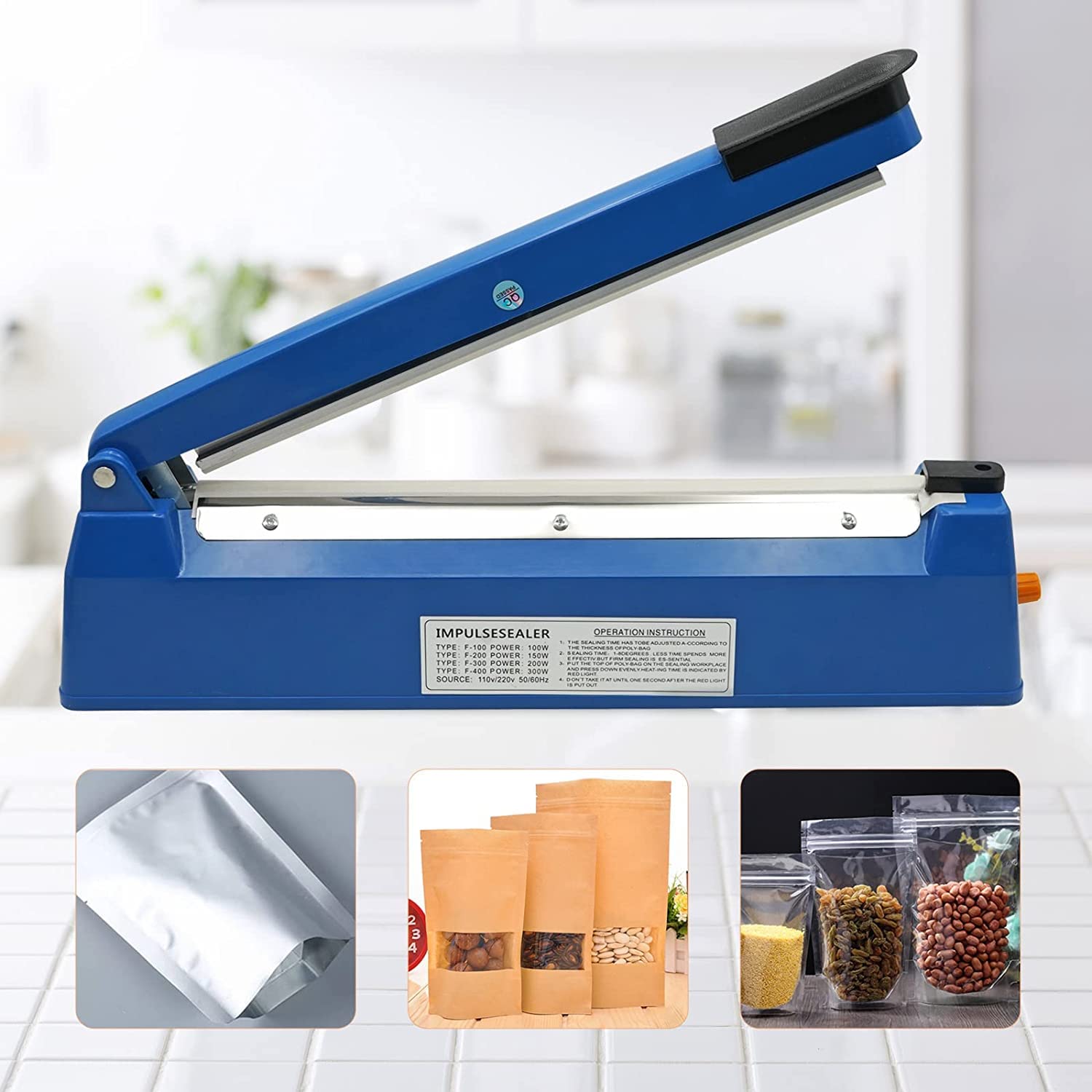 200mm Impulse Heat Sealer for Heat Seal Bags 8" Foil Sealer Portable Sealer Machine for Mylar Heat Press Sealer for PP and PE Bags 3mm Seal Width Bag Sealer with 8 Gear Temperature Control
