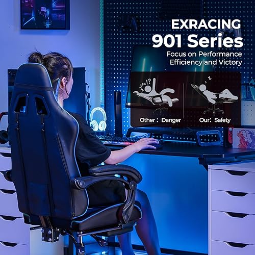 Miniatura 7 de EXRACING Silla ergonómica para videojuegos, silla de computadora con reposapiés y soporte lumbar, silla de oficina de cuero con respaldo alto
