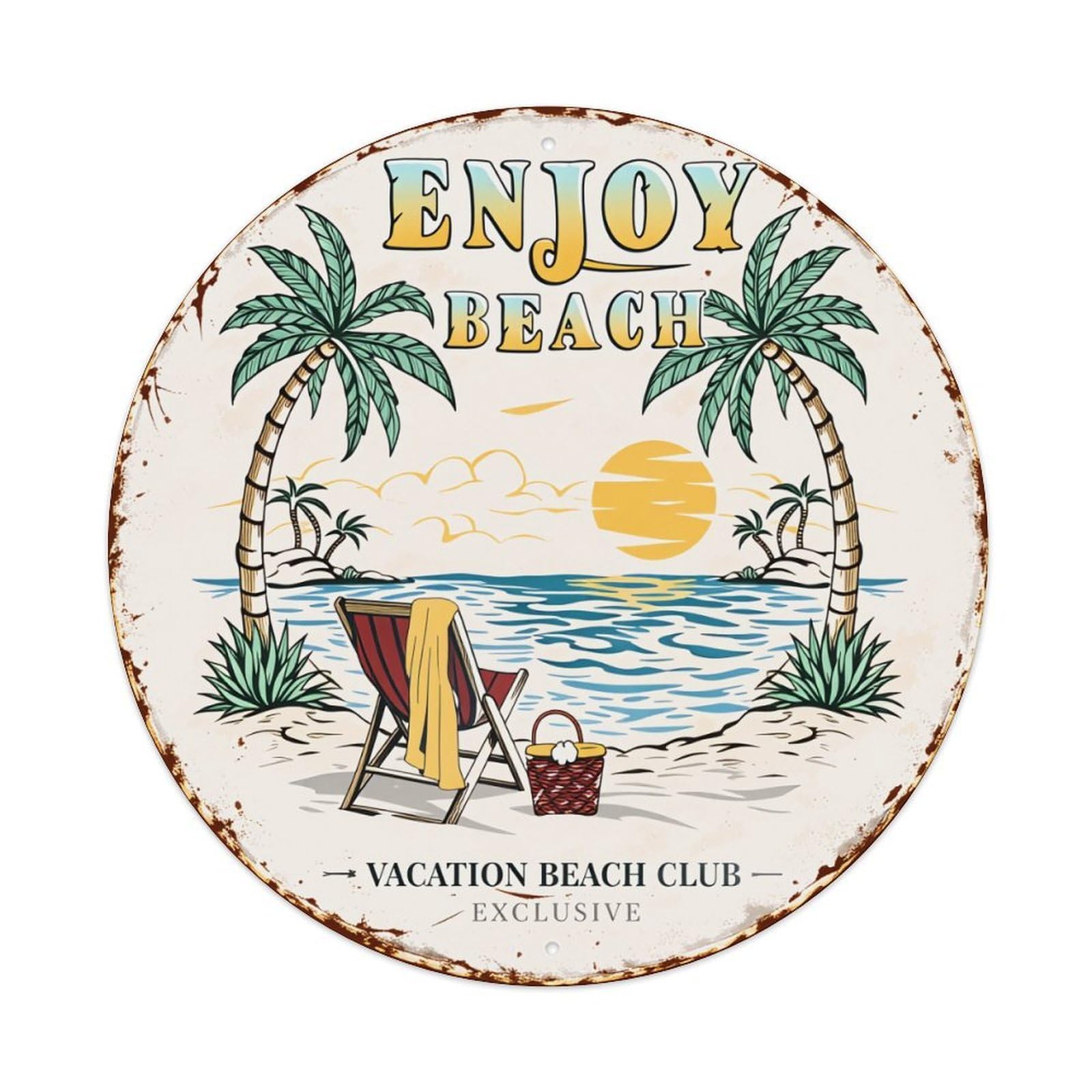 Beach Scene With Palm Trees And Sunset Metal Tin Sign Plaque