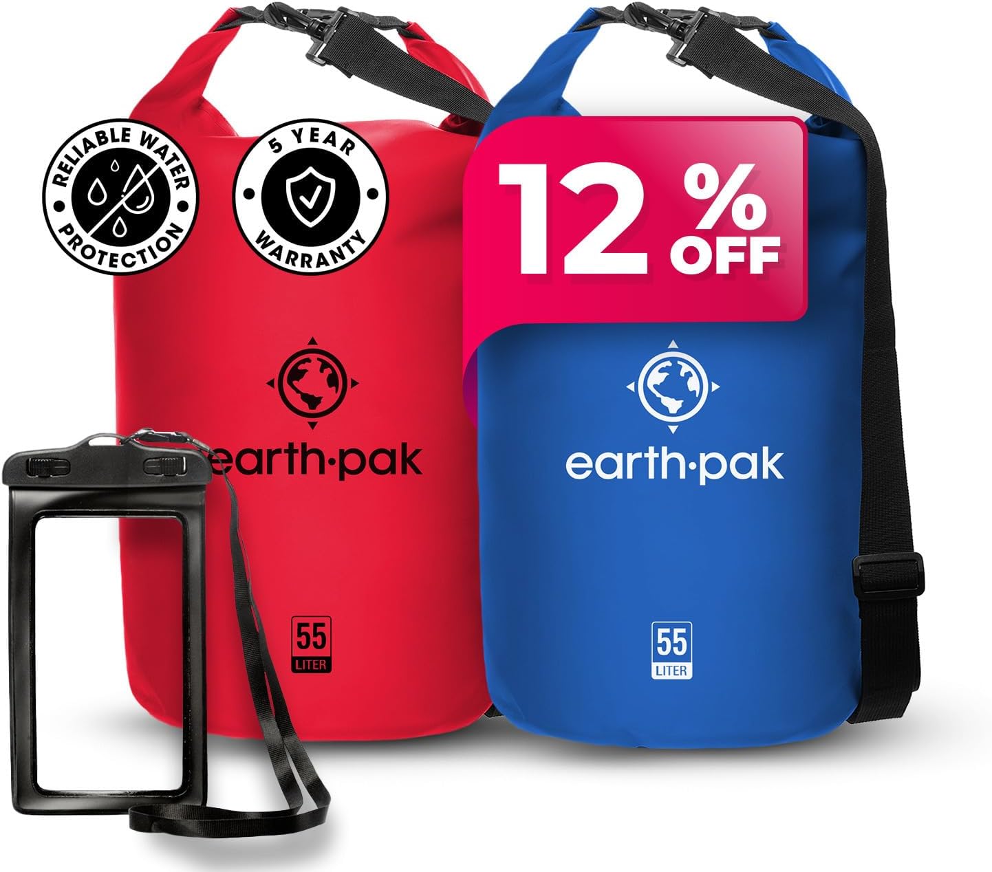 Earth Pak Waterproof Dry Bag - Roll Top Waterproof Backpack Sack Red 55L & Blue 55L