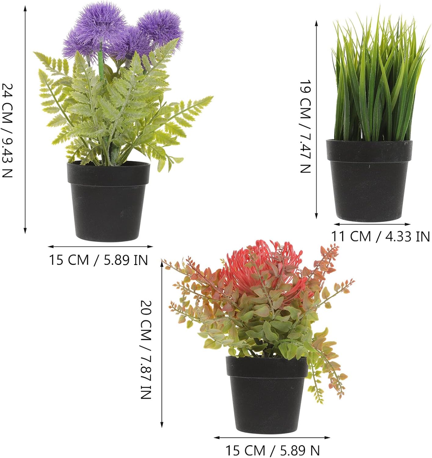 Garneck 3pcs Artificial Dandelion Potted Bonsai Set, Realistic Faux Green Plant Ornaments for Indoor Desktop Home Décor, Simulation Green Leaf Bonsai in Black Plastic Pots