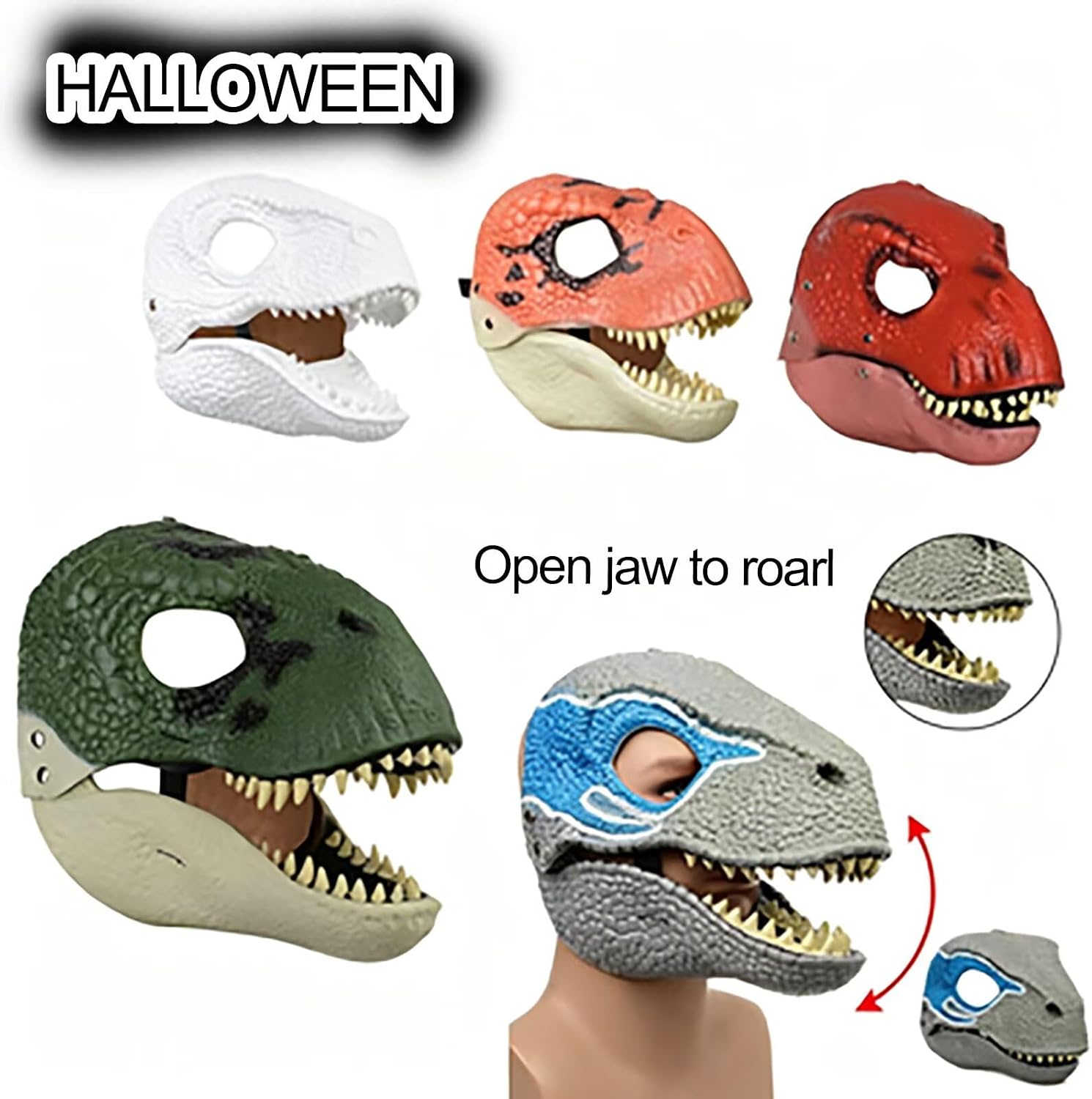 DIY White Dinosaur Mask Realistic Roaring Trex Masks Moving Jaw Raptor Mask