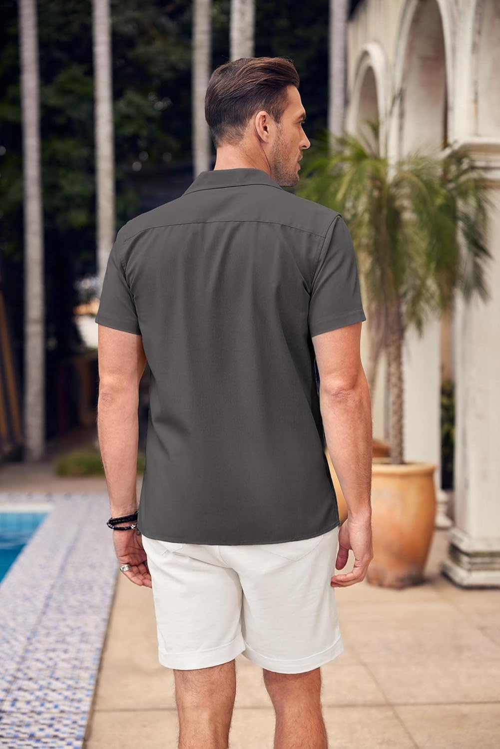 Vista 4 de COOFANDY Camisa de lino para hombre, camisa de manga corta con botones, camisa cubana de verano hawaiana para playa