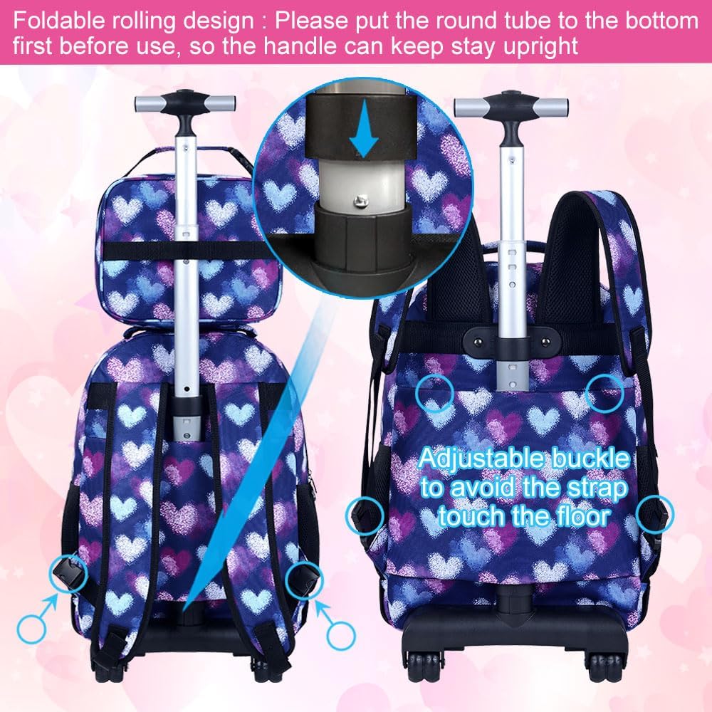 3Pcs Rolling Backpack for Girls Women, Love Kids Roller Bookbag with Wheels, Wheeled Backpacks Set for Elementary Toddler(Purple) - Image 5