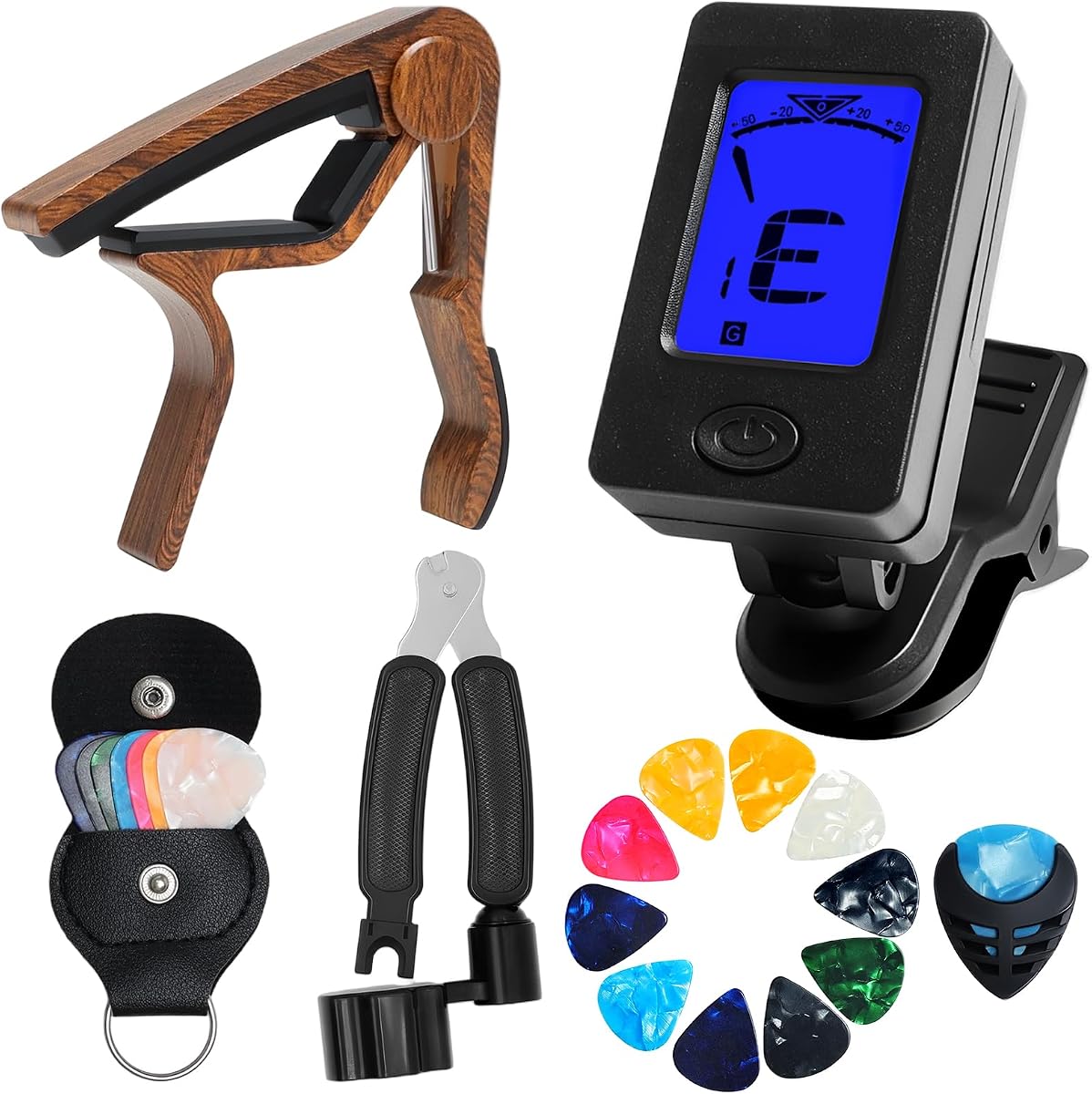 Acoustic Guitar Accessories Kit, Electric Tuner Clip on, 30 Pieces Guitar Picks, Rosewood Color Metal Capo and a String Winder, Fit for Bass, Violin, Ukulele Chromatic, Guitar Beginners Gifts
