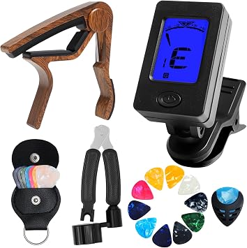 Acoustic Guitar Accessories Kit, Electric Tuner Clip on, 30 Pieces Guitar Picks, Rosewood Color Metal Capo and a String Winder, Fit for Bass, Violin, Ukulele Chromatic, Guitar Beginners Gifts